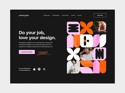 Pixels&Grids - Design Podcast Hero concept design geometry graphic design hero landingpage minimal pattern podcast product design ui ui design uiux unikorns website