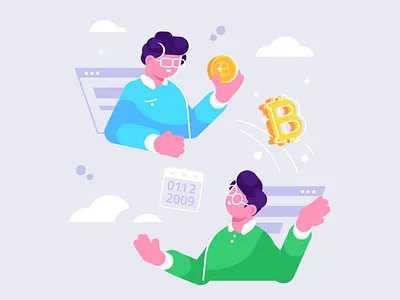 First bitcoin transaction illustration attachments bitcoin bitcoins circulating business people coin crypto design flat illustration investment miner money people transaction vector