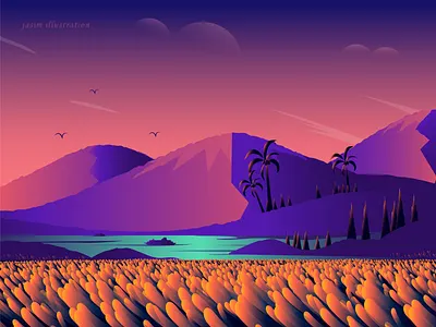 Mountains birds colors garden illustration illustrator landscape illustration mountains nature nature illustration places river sky travel