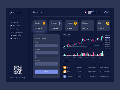 Cryptocurrency Dashboard | Dark theme bitcoin clean crypto crypto dashboard crypto exchange crypto wallet cryptocurrency ethereum figma finance dashboard interface money trade trading ui uidesign uxui