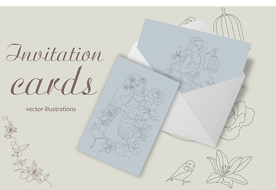 Vector illustrations, vintage art for invitation cards beautiful bird branding card design drawing dream flamingo flower girl illustration invitation line lineart patterns plant romantic tracery vector vintage elements