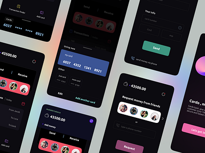 Finance app concept bank bankcard blur card color colors dark design finance financial mockup money number people receive send transaction ui ux