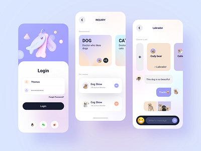 Pets design app application bone c4d card cat color design dog fish food illustration label molecule pets purple sign in ui ui kit ux