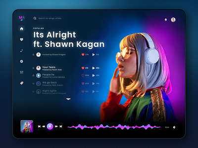 Music Player Dashboard album clean dark dashboard design media music music player neon netflix play player playlist radio song songs spotfiy web