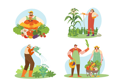 Set of farmers planting crops and gathering harvest botanical character design farmer flowers gardener graphic design green harvest illustration set tools wheelbarrow