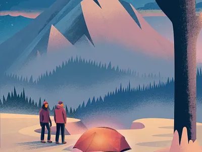 Bivouac à la montagne bivouac camping colorful couple design illustration montagne nature snow tent vector winter