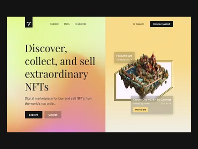 NFT Landingpage Concept Design (Hero) art binance blockchain cruptoart crypto cryptocurrency etherium figma gallery glassmorphism homepage modern nft plattform ui ui design ux ux design web