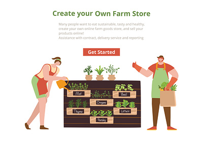 Template for the site. Man and woman take care of the planted botanical character design farmer gardener graphic design green growing harvest herbs illustration landing watering