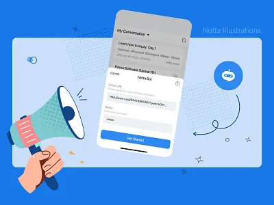 Notta Web illustrations app illustration bot illustration branding conversation illustration efficiency feature illustration homepage illustration landingpage productive record saas sound illustration transcript illustration translate illustration voice illustration