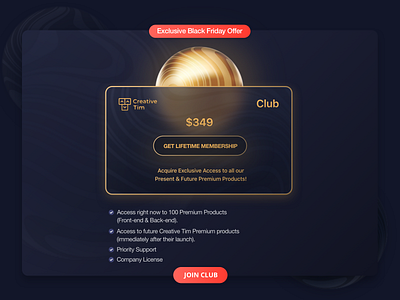 Creative Tim Club 3d black friday campaign card club dashboards discount glassmorphism gold membership offer products ui kit web design