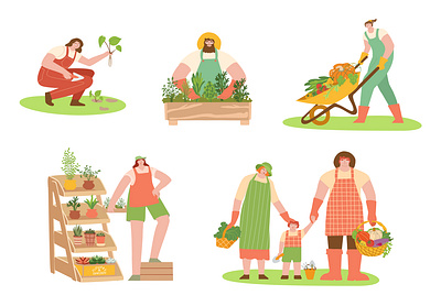 Set of fermers planting crops, gathering harvest, doing job botanical character collection design family farmer gardener graphic design green harvest horticulture illustration local