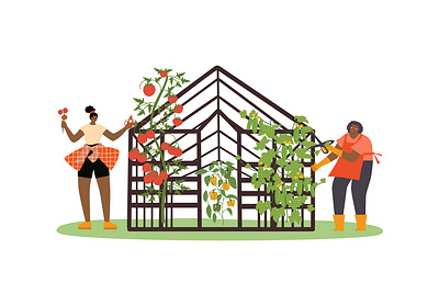 African american woman and girl collecting tomatoes and cucumber african american agronomist black botanical character cultivation farmer gardener gardening scissors graphic design green growing harvesting illustration tending tomatoes