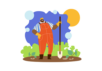 African american handyman working in garden. african american agriculture botanical character dig up digger excavating farmer gardener glove graphic design green horticulture illustration land overall pit shovel uniform