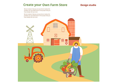 Landing page small a man stands with a cart of vegetables botanical character farmer field fresg gardener graphic design green harvest illustration landing layout local natural organic rural season template vegetable