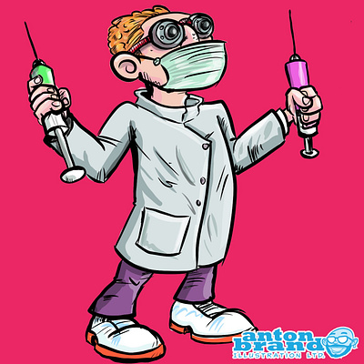 Mad scientist with 2 syringes cartoon character humour illustration mask science scifi