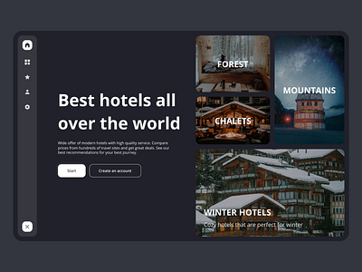 Travel Service • Landing Page accommodation booking chalet dark darktheme hostel hotel hotels landing landingpage mainpage reservation ui ux web website winter