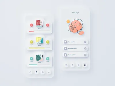 Face Fitness - Neumorphism App Design app application categories clean design face facial fitness gradient graphic ios level menu neumorphism settings skeumorphism soft tab bar ui unway