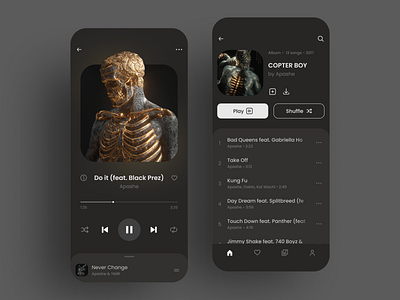 Musical player app apashe app cool dark dark mode design gold illustration library list minimal minimalistic mobile app musical player player playlist skeleton song ui ux