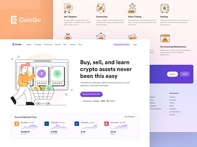 CoinGo - Crypto Exchange Landing Page business clean coin crypto cryptocurrency exchange freelance icon illustration landing page logo nft outline playfull proffesional robo trading staking trading ui ux