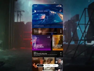 Wallace Corp. Home + Figma Template app available blade branding carousel cinema cinematographu cyberpunk design figma futuristic instagram mobile movie runner template ui