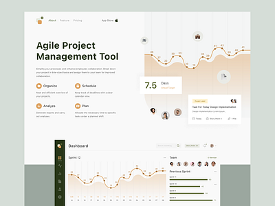 Agile Project Management Tool Landing Page chart design fireart fireart studio flat landing light management task tool ui ux