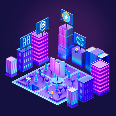 Hackathon - Dubai DeFi 3d 3d art blender blue building city cryptocurrencies design illustration isometric art low poly park purple