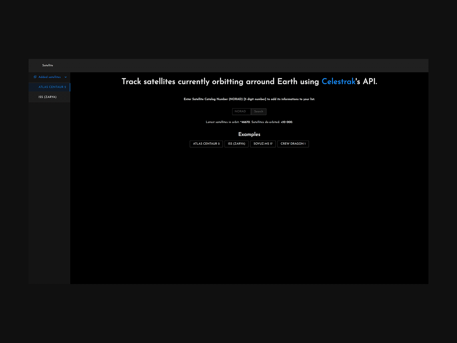 CelesTrak - Satellite tracker api app data design future interactive layout react satellite space table ui