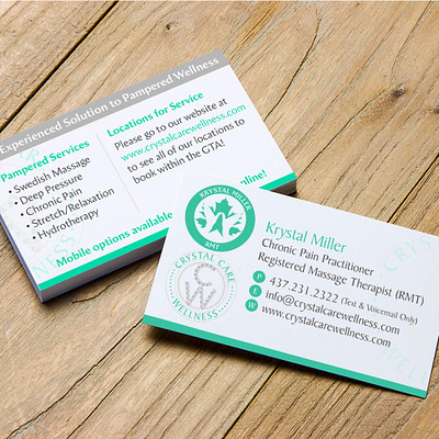 Crystal Care Wellness - Business Cards branding business cards canada crystal care wellness design graphic design identity illustration logo mark anthony media massage therapy ontario printing rmt stationery therapists toronto typography