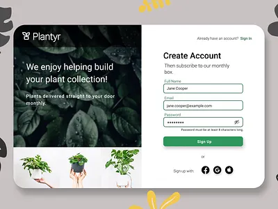 Plantyr Sign Up app branding design graphic design green icon illustration logo minimal plant plants sign in sign up subscription typography ui ux vector