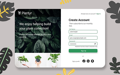 Plantyr Sign Up app branding design graphic design green icon illustration logo minimal plant plants sign in sign up subscription typography ui ux vector