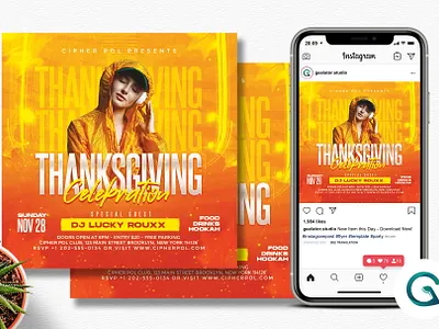 Thanksgiving Party Flyer Template autumn club event fall flyer harvest holiday instagram flyer invitation maple november party flyer pumpkins square template thanksgiving turkey