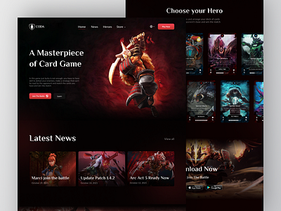 CODA - Landing Page Exploration ⚔️ black card card game clean dark mode design dota dota 2 game game website graphic design landing page nft card red ui ui design ux web web design website