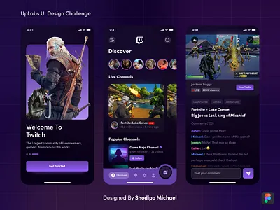 Twitch App Redesign 🚀 challenge dark mode dark theme figma gamer gaming gaming app live stream livestream product design redesign stream stream app streaming twitch twitch app twitch redesign uplabs upload video