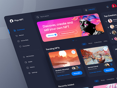 NFT Marketplace Dashboard Dark art create nft creative crypto cryptocurrency dark mode dashboard dashboard design design digital digital art finance nft nft marketplace nfts product design ui ui design uiux web design