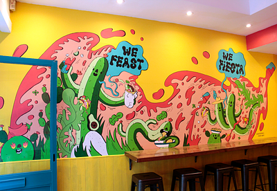 Benito's Oxford Circus Mural burrito cactus dope drinks feast fiesta fire happy illustration margarita mexican mural party restaurant smile spicy street art taco wall wall art