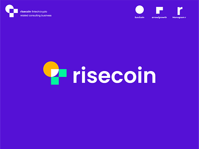 risecoin accounting arrow branding clever coin creative crypto cryptocurrency finance financial growth logo minimal modern rise simple sun technology