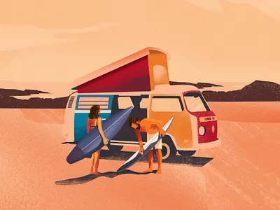 Van Life beach colorful design girl hot illustration plage sea summer sun surf surfers travel van vector