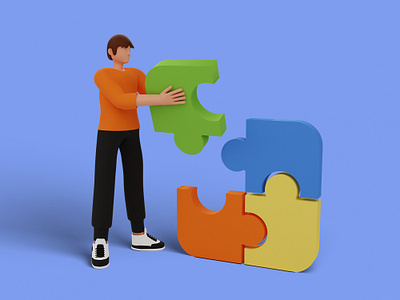 Men connecting puzzle pieces 3d 3d character 3d illustration 3d render 3d rendering business charater man problem solving puzzle strategy success ui web design