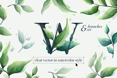 Lettering with vector watercolor leaves alphabet eco leaf lettering serif font splash watercolor