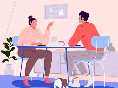 Dinner character design dinner dog food graphic illustration man pastel people vector woman