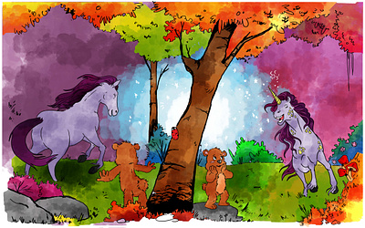 Magical Forest animal cartoon animal characters background book illustration cartoon childrens book comic illustration design digital illustration fantasy character fantasy illustration forest illustration magical unicorn