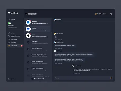 Vestbee Chat - darkmode app chat ios sidebar ui webdesign