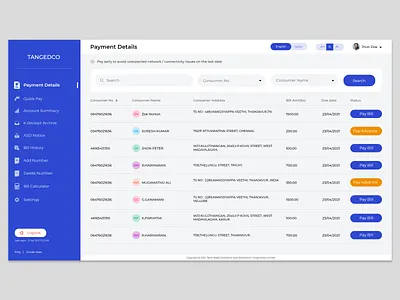 💳 Dashboard Concept - Payment details - Tangedco admin admin panel admin ui bill components dashboard dashboard design dashboard ui design flat design minimal order page pay payment table tablet tneb ui web layout