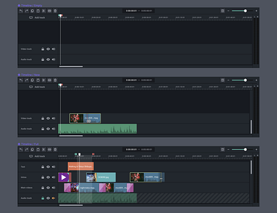 Video editor timeline app builder creator dark dashboard states theme timeline ui ux video clips video editor video timeline