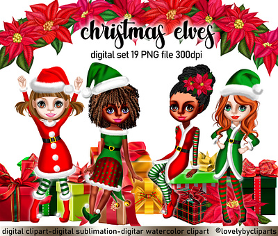 Christmas elves a christmas gift christmas elf christmas elves christmas star decorations png digital elves illustration fir branches merry christmas new years png poinsettia set png scrapbooking clipart