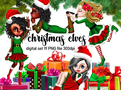 Christmas elves christmas elf christmas elves christmas tree decorations png design digital elves illustration fir branches gift boxes png illustration merry christmas new years pine branches png png scrapbooking clipart