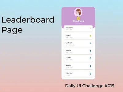 Leaderboard Page | UI design | Daily UI | #019 animation cleanui dailydesignchallenge dailyui darkmode dribbble figmadesign gamification graphic design leaderboard minimaldesign mobiledesign modernui motion graphics rankingsystem ui uidesign uiux uxdesign webdesign