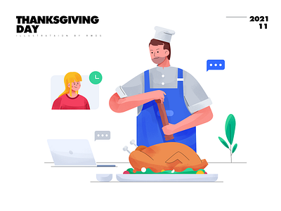 Thanksgiving day body buisiness chicken geek bot illustration man office partner remote video team teamwork thanksgiving day vector