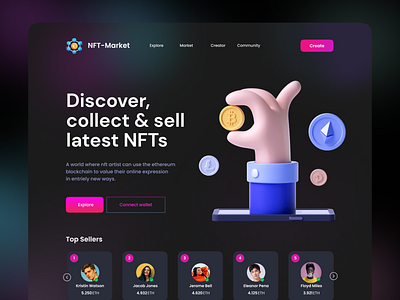 NFT Market Landing Page Design 3d illustration app designer bitcoin crypto cryptoart dark landing page madhu mia marketplace nft nft design nft home page nft landingpage nftart nftmarket nfts token web design web designer website