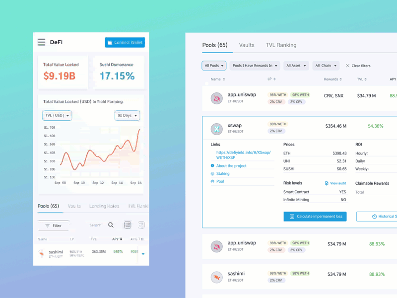 DeFi Сomparison table coins crm crypro cryptocurrency defi ui ux